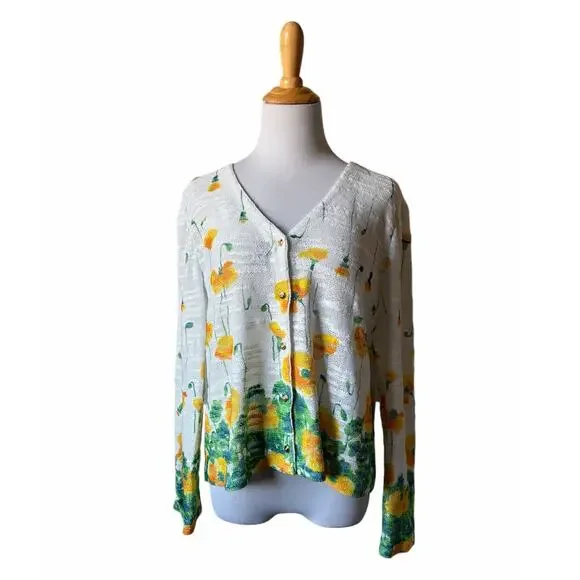 St. John Sport Floral Light Weight Knit Gold-Tone Button Cardigan Sz L Whimsical